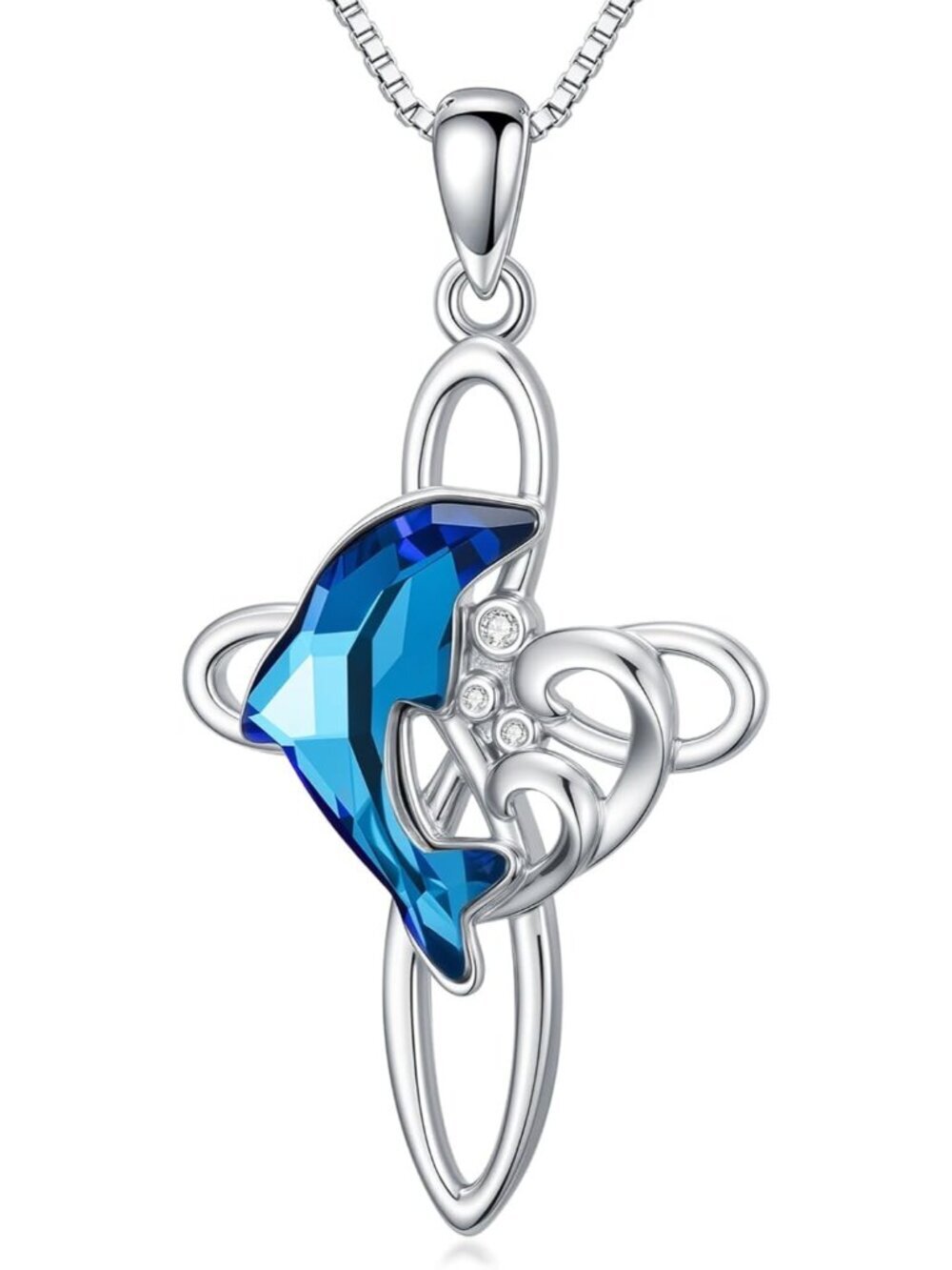 Women's Blue Sterling Silver Dolphin Beach Themed Pendant Crystal Necklace